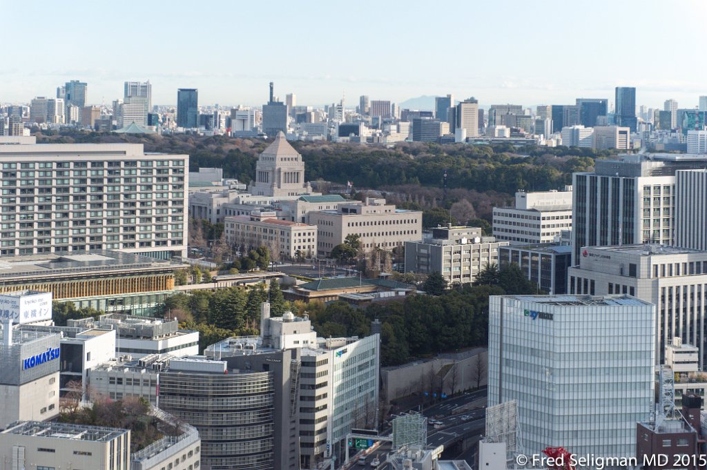 20150310_074609 D4S.jpg - View from Intercontinental Tokyo. Imperial Palace in distance.  Diet (parliament) building is the 4-sided pointed building